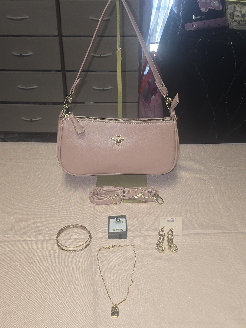 Bee-Embellished Pink Shoulder Bag with Detachable Straps & 5 Piece Jewelry Combo